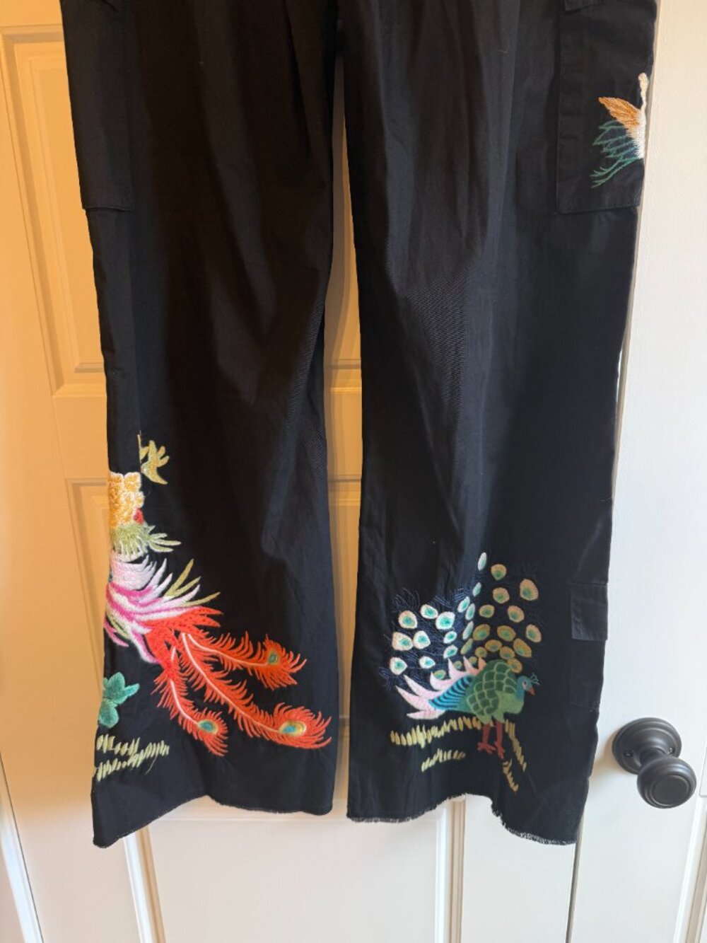 Johnny Was Peacock Embroidered Wide-Leg Cargo Pants - Picture 3 of 7